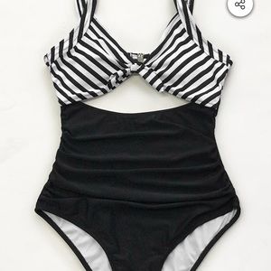 Black and white rouched one piece swimsuit
